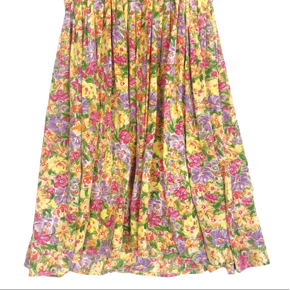 VINTAGE 80s 90s Bold Yellow Pink Floral Brushstroke Art Print Silk Pleated Mini - Picture 4 of 9